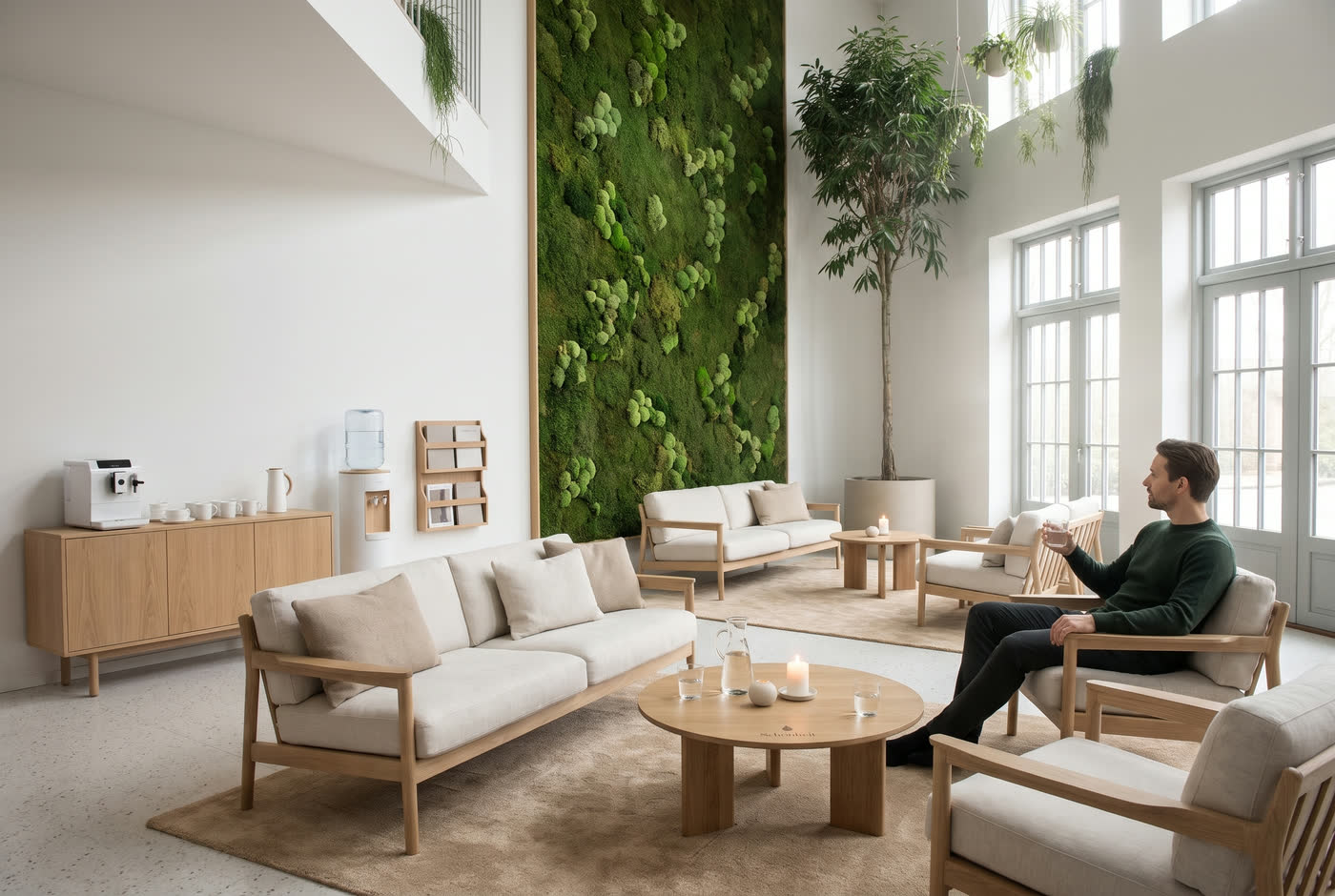 Loungen hos Schönheit Odense: dobbelthøjt rum med mosvæg, egesofaer, stort indendørs træ, kaffemaskine og en gæst