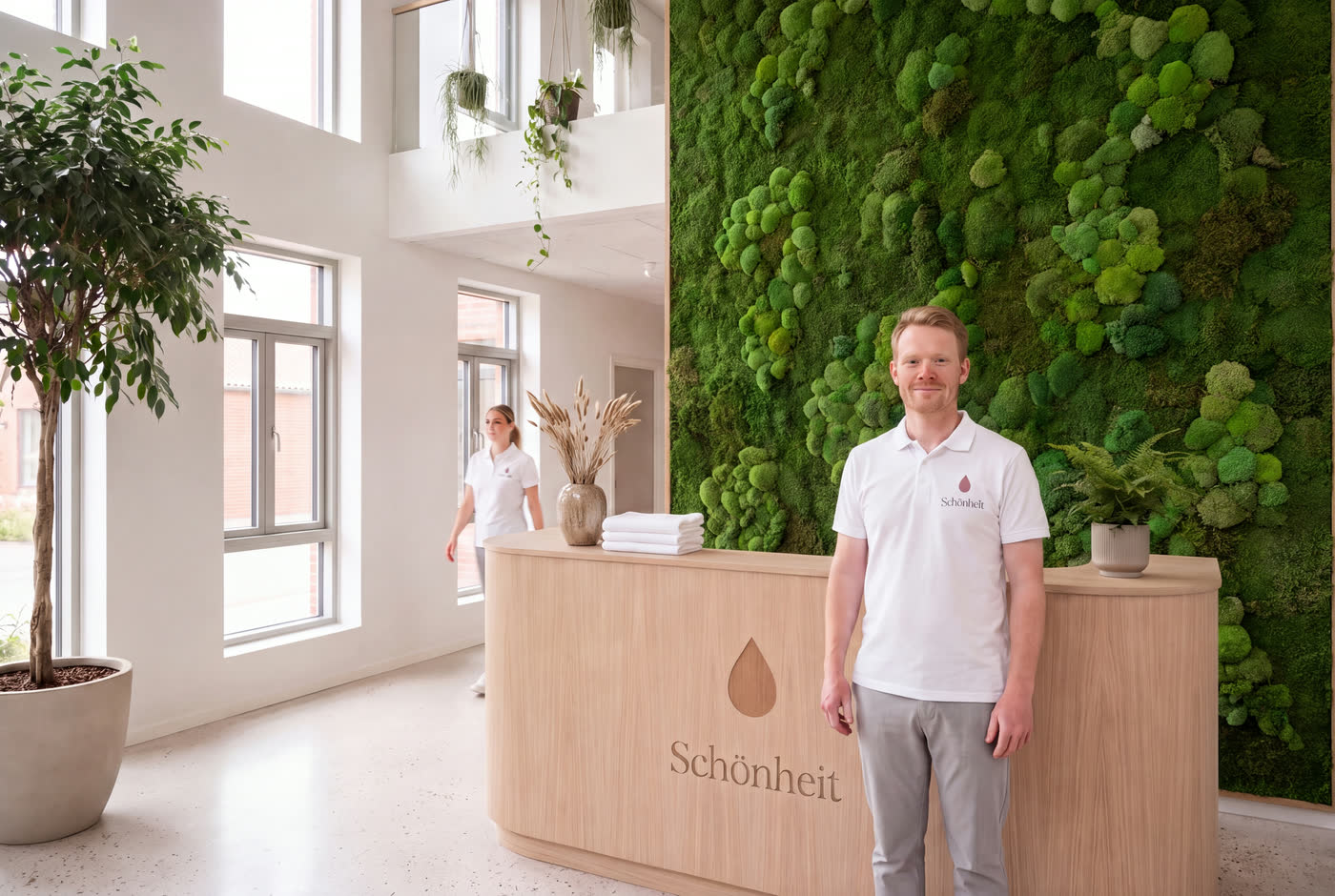 Receptionen hos Schönheit Odense: en ansat i hvid polo bag egetræsdisken foran en dobbelthøj mosvæg med mezzanin og hængende planter