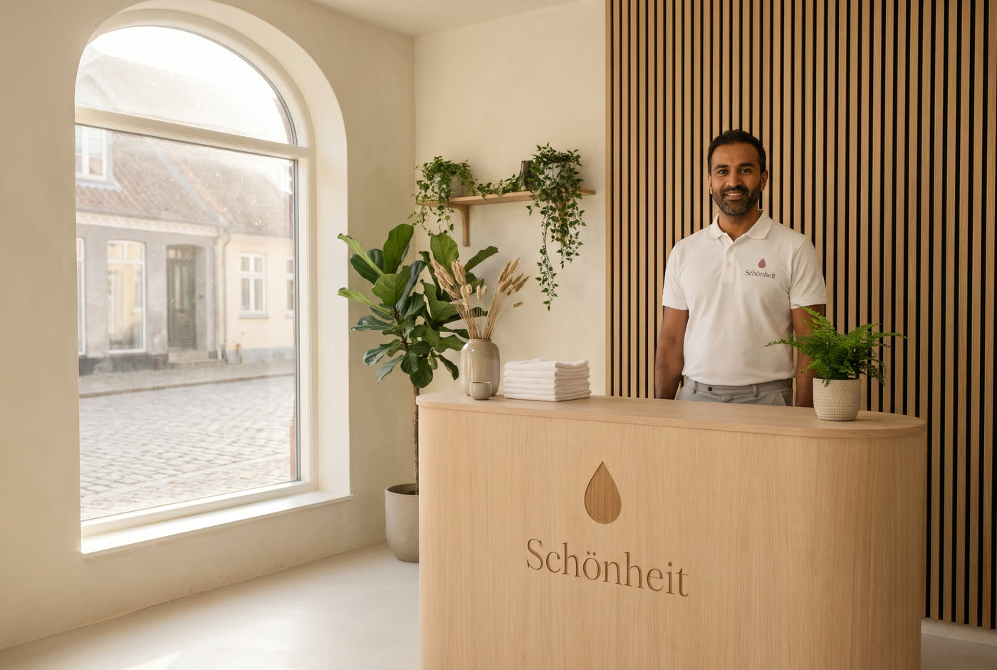 Receptionen hos Schönheit Randers: en ansat i hvid polo bag egetræsdisken med buet vindue mod brostensgaden og lamelvæg i eg