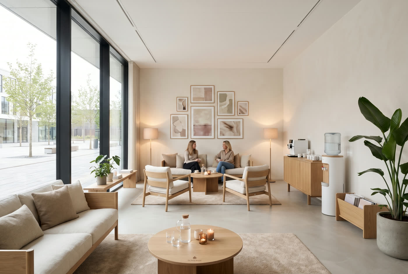Loungen hos Schönheit Taastrup: lyst nybygget rum med glasfacade, gallerivæg, egesofaer, vandkøler og to gæster over te